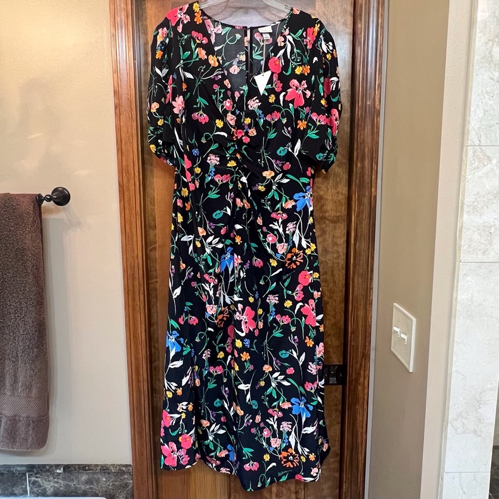A New Day Women's Puff Short Sleeve Ruched A-Line Dress Black Floral Sz XL EUC